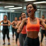 Diverse group participating in an energetic fitness class.
