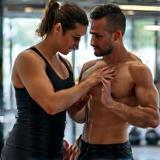 Certified personal trainer guiding a client on strength training.